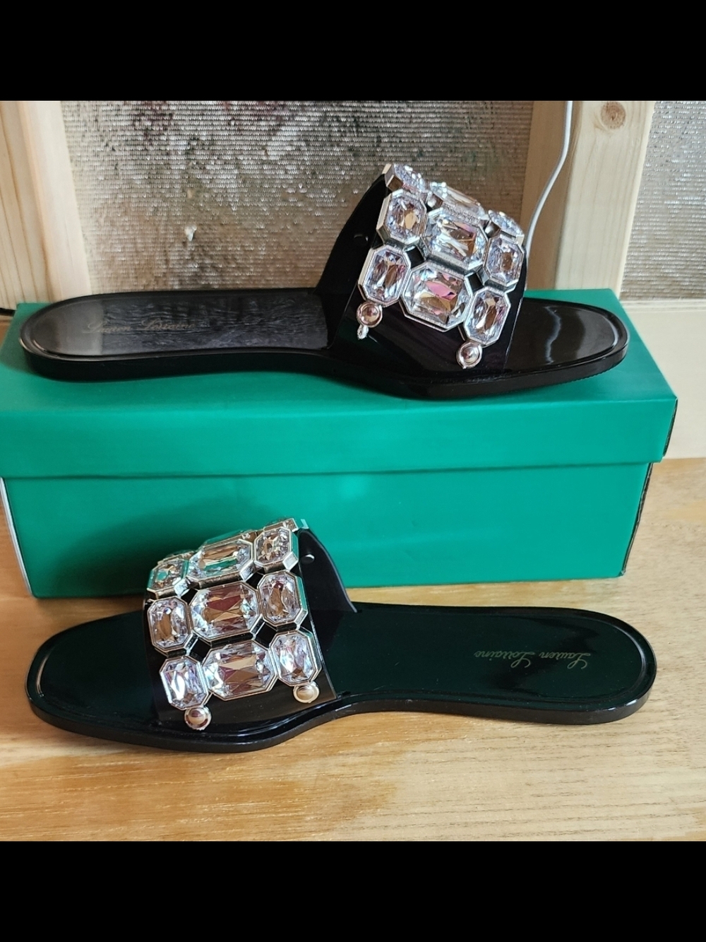 NEW!! Lauren Lorraine Black Slide Sandals with Crystal Embellishment, Sz 9.5,NWT - Picture 6 of 6